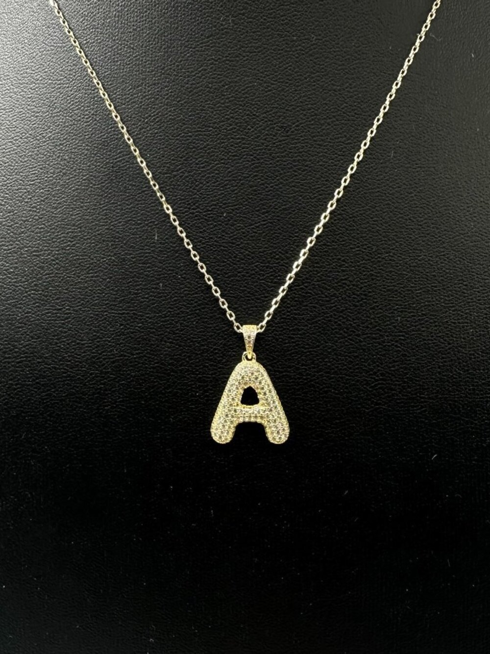 Bubble Letter Necklace Initial A 925 Sterling Silver Gold Plated CZ Pave